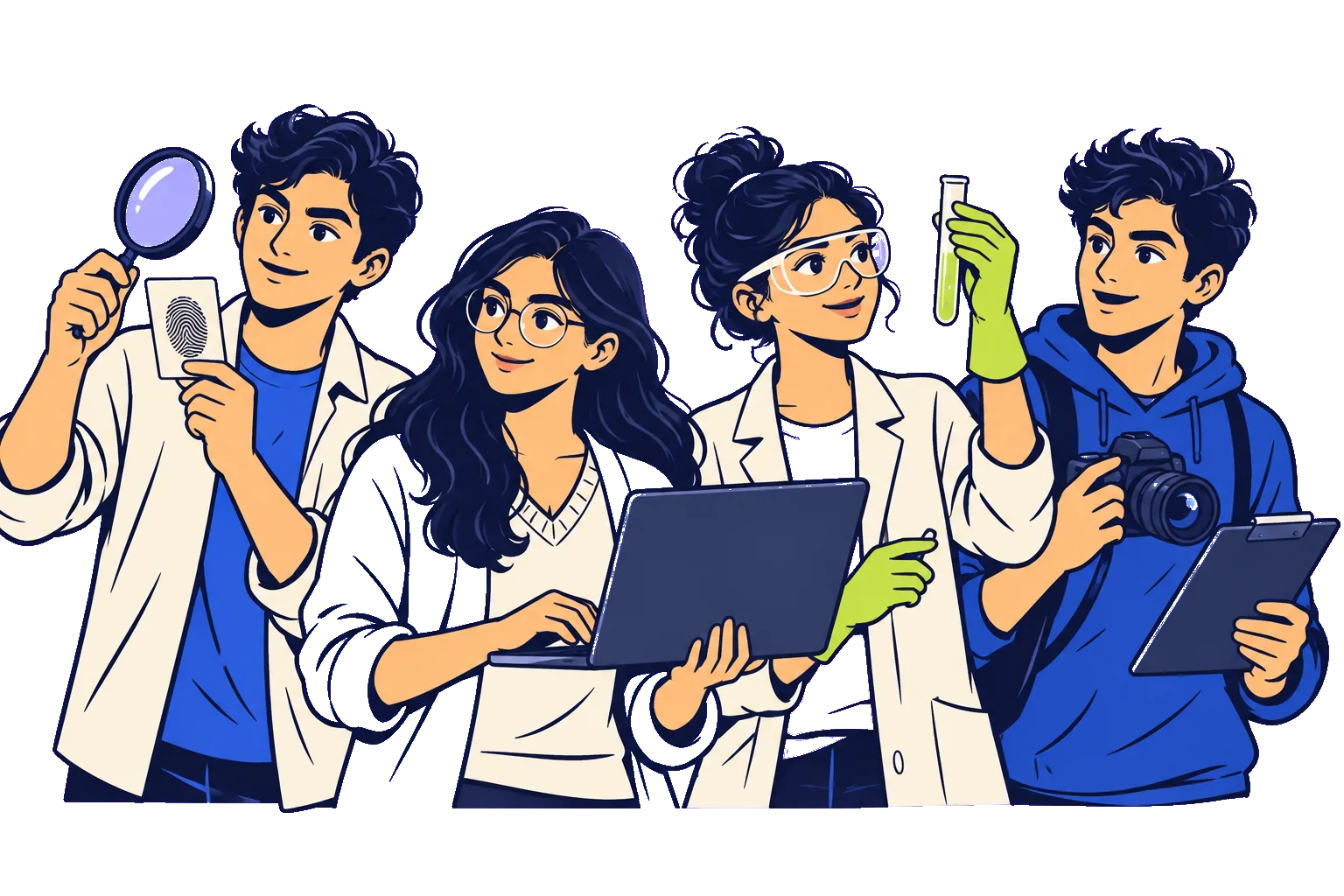 Illustration of four student investigators with a laptop, magnifier, camera and lab tools